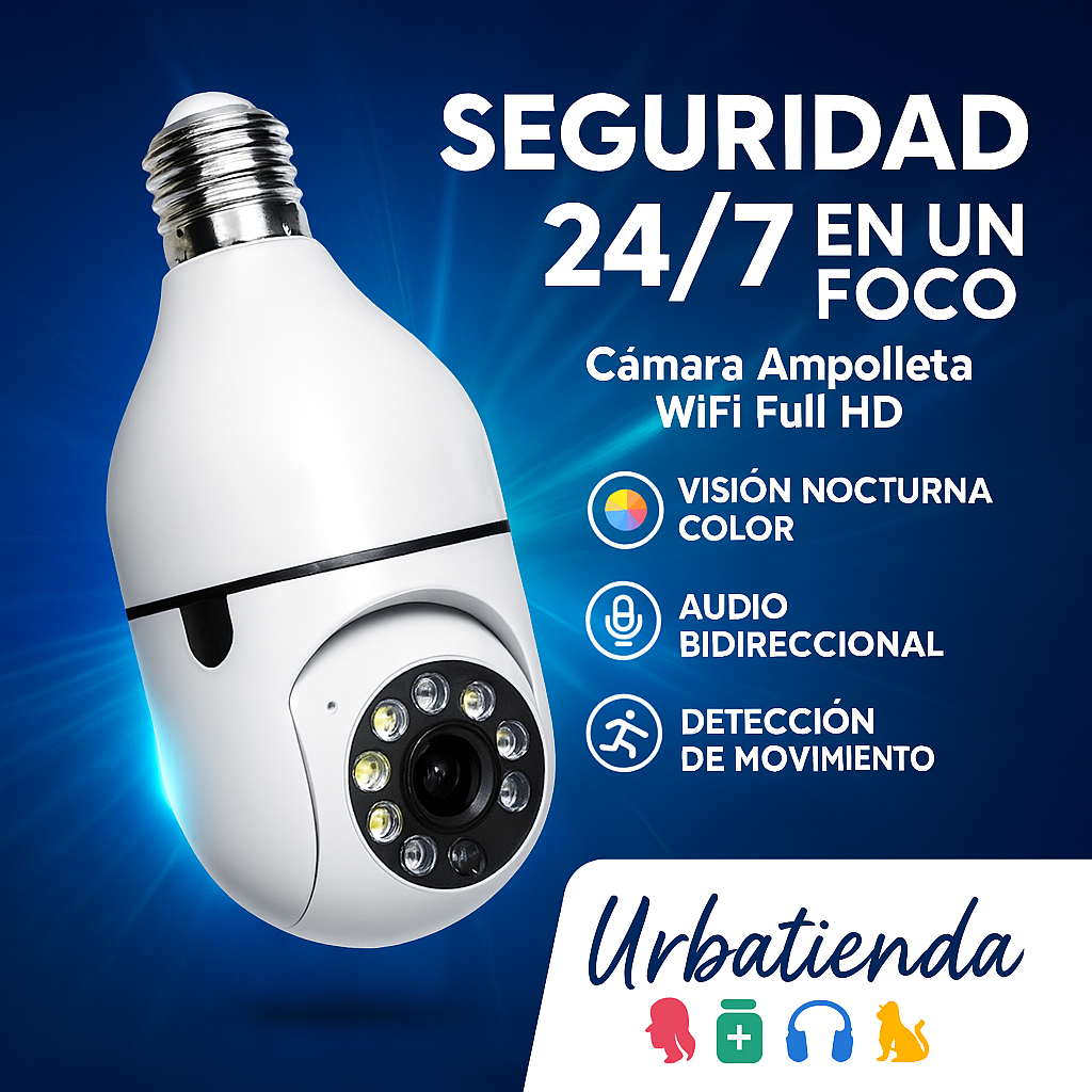 Cámara Ampolleta WiFi 360° Full HD con Visión Nocturna a Color y Audio Bidireccional