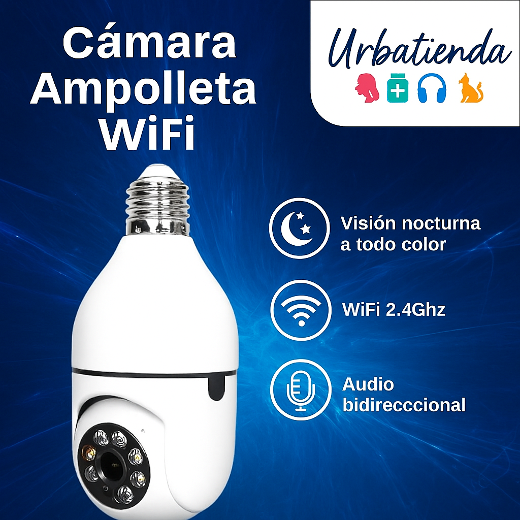 Cámara Ampolleta WiFi 360° Full HD con Visión Nocturna a Color y Audio Bidireccional